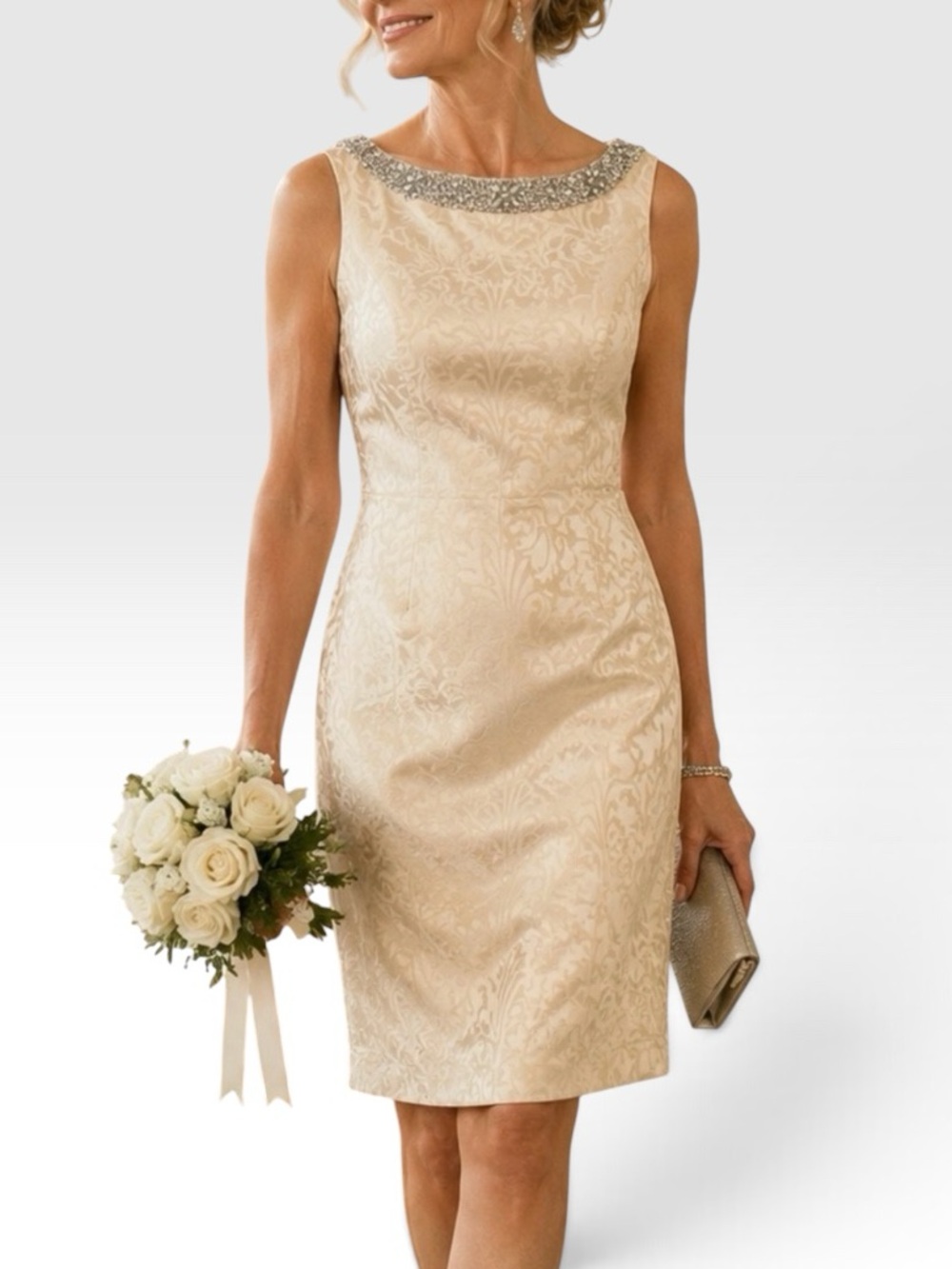 Elegant Cream Beaded Neck Sheath Dress